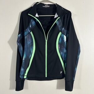 Fila Sport Track Jacket Womens Small Black Green Galaxy Print Zip Up Excellent